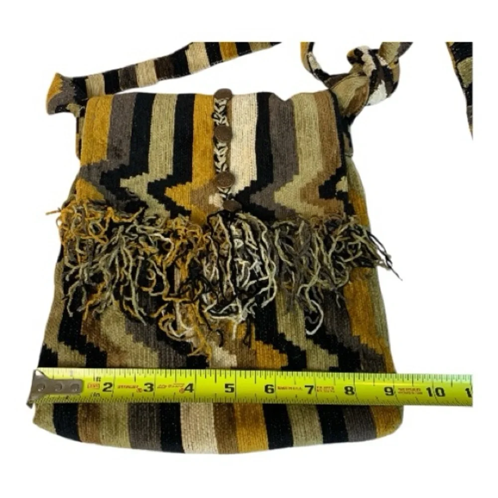 Striped Woven Knit Boho Crossbody Bag Gold Black Tan Shades Fringe Aztec Hippie